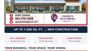 Commercial leasing flyer showing a modern office building, leasing details, and broker contact information.
