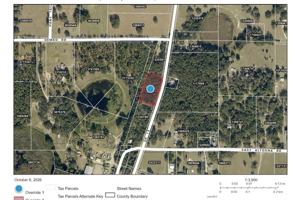 Aerial parcel map highlighting a vacant lot beside SR 19 near Demko Road and East Altoona Road.