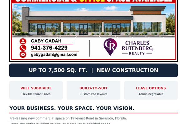 Commercial leasing flyer showing a modern office building, leasing details, and broker contact information.